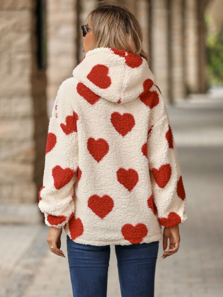 Fuzzy Heart Pocketed Dropped Shoulder Hoodie - MyEmpired