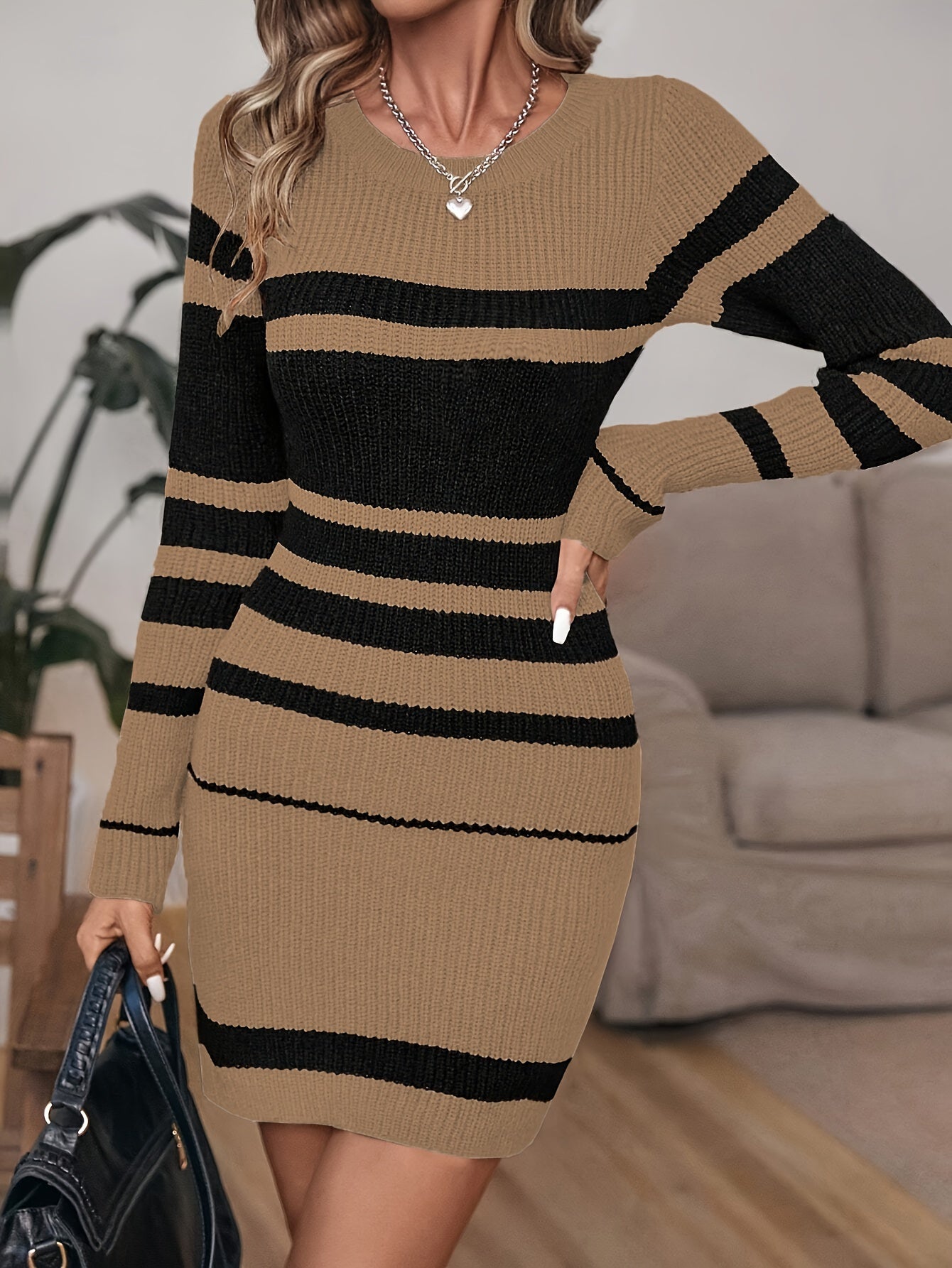 Women's Casual Striped Knit Sweater Dress - Crew Neck Long Sleeve Acrylic Ribbed H-Line Mini Dress