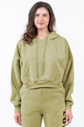 American Bazi Letter Graphic Long Sleeve Drawstring Cropped Hoodie - MyEmpired