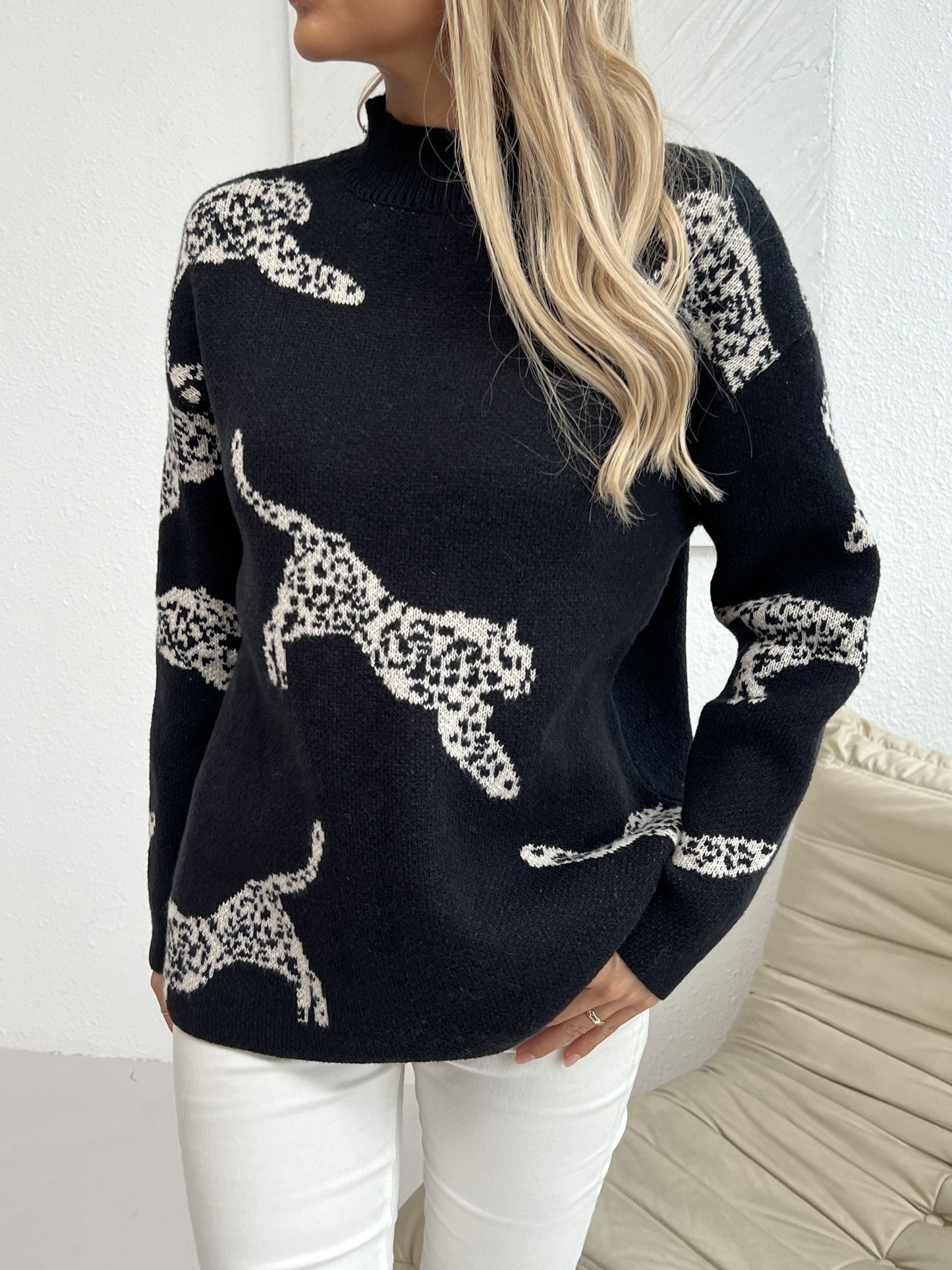 Leopard Pattern Mock Neck Sweater, Elegant Long Sleeve Sweater For Fall & Winter, Women's Clothing