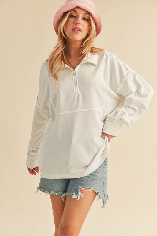 Aemi+Co Exposed Seam Half Zip Drop Shoulder Sweatshirt - MyEmpired