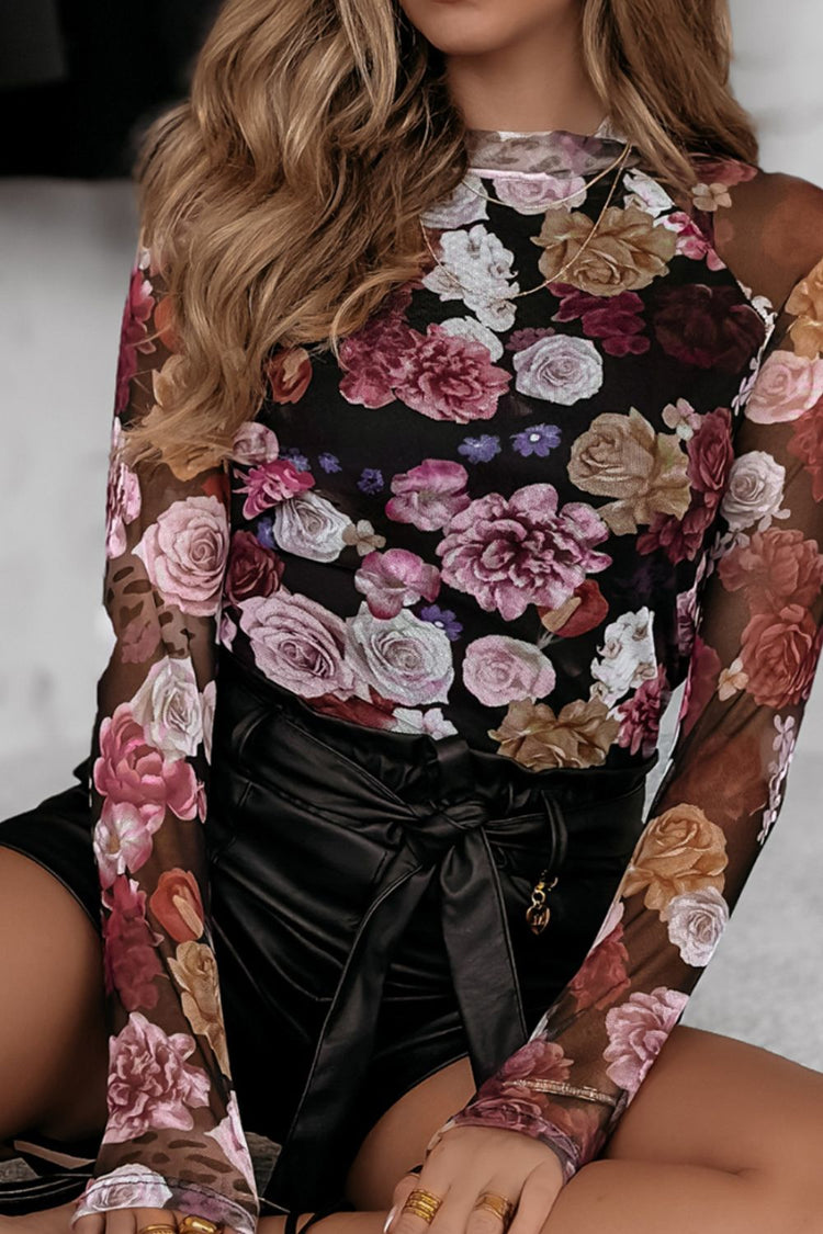 Floral Mock Neck Long Sleeve Mesh Top - MyEmpired