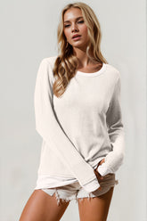 Double Take Corded Rib Thumbhole Cuff Round Neck T-Shirt - MyEmpired