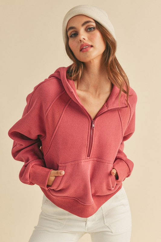 Aemi + Co Half Zip Raglan Sleeve Hoodie with Kangaroo Pocket - MyEmpired
