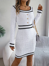 Elegant Striped Knit Bodycon Dress with Button Detail - Square Neck, Long Sleeve, Perfect for Fall & Winter - Women&