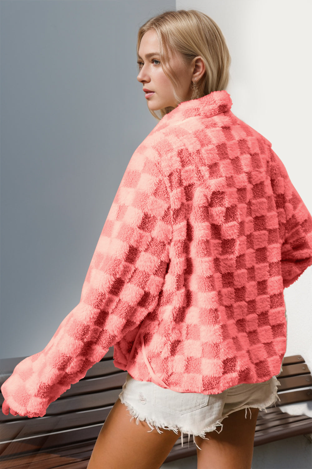 Double Take Checkered Long Sleeve Fuzzy Jacket - MyEmpired
