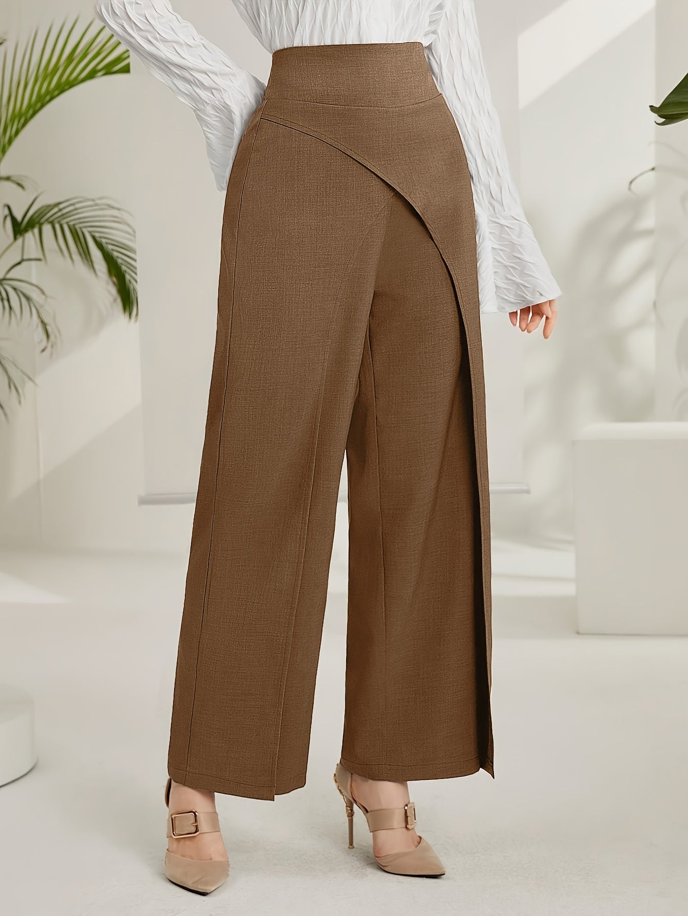 Solid Wide Leg Layered Pants, Elegant High Waist Loose Pants For Spring & Summer, Women's Clothing