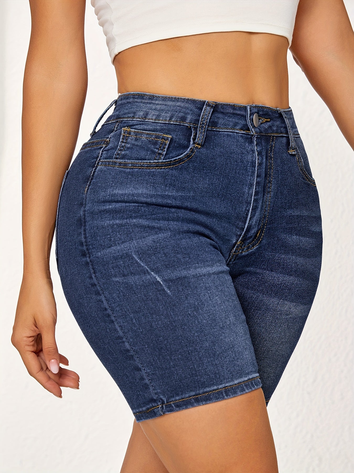 Plain Washed Blue Whiskering Denim Shorts, Slash Pocket Stretchy Denim Shorts, Women&
