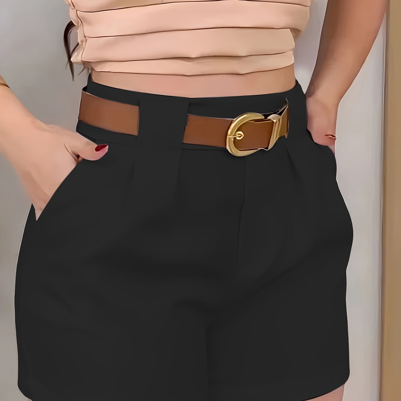 Slant Pockets High Waist Loose Shorts, Casual Solid Color Shorts For Spring & Summer, Women&