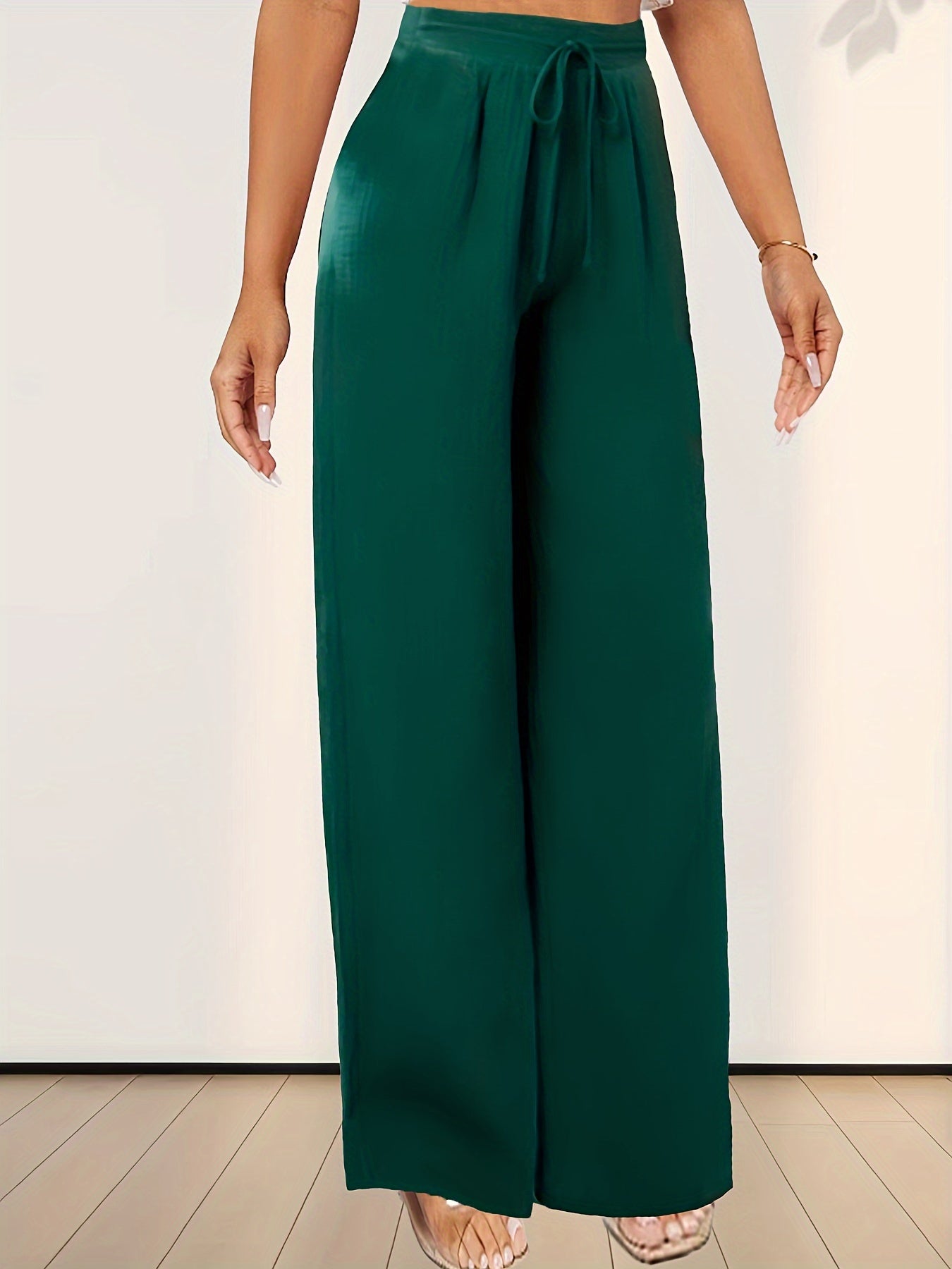 Solid Color Wide Leg Pants, Casual High Drawstring Waist Loose Pants For Spring & Summer, Women&