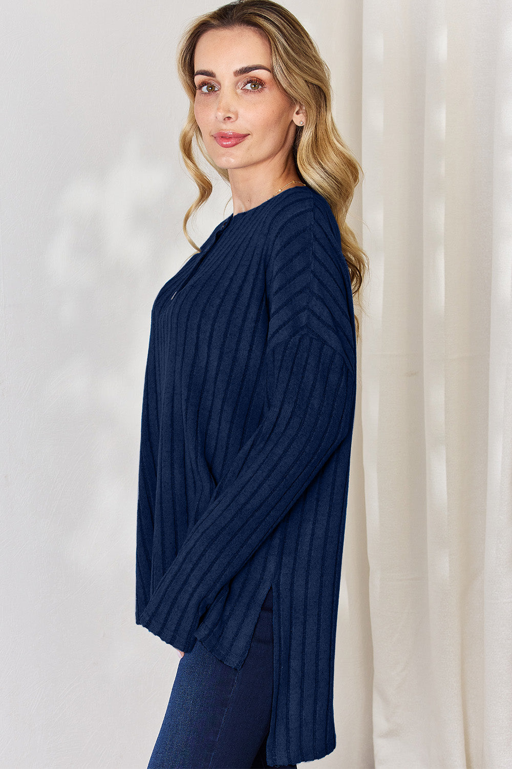 Basic Bae Full Size Ribbed Half Button Long Sleeve High-Low T-Shirt - MyEmpired