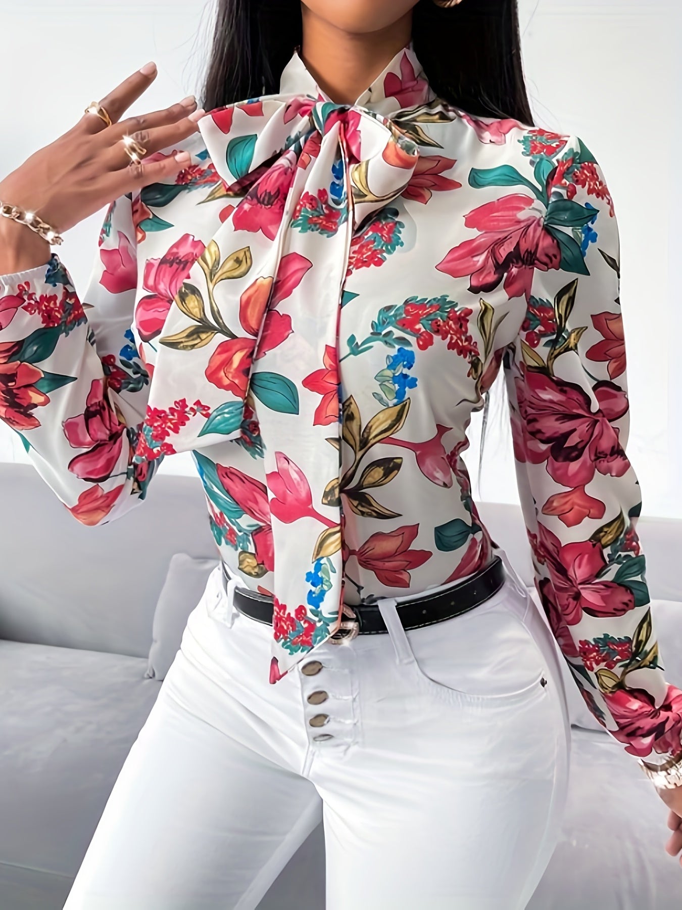 Floral Print Tie Neck Blouse