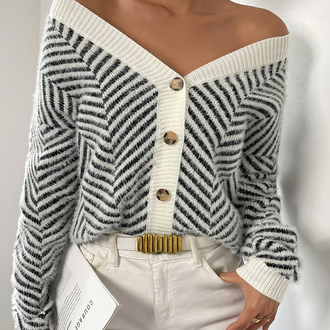 Striped Drop Shoulder Button Front Cardigan, Elegant V Neck Long Sleeve Cardigan For Fall & Winter, Women&