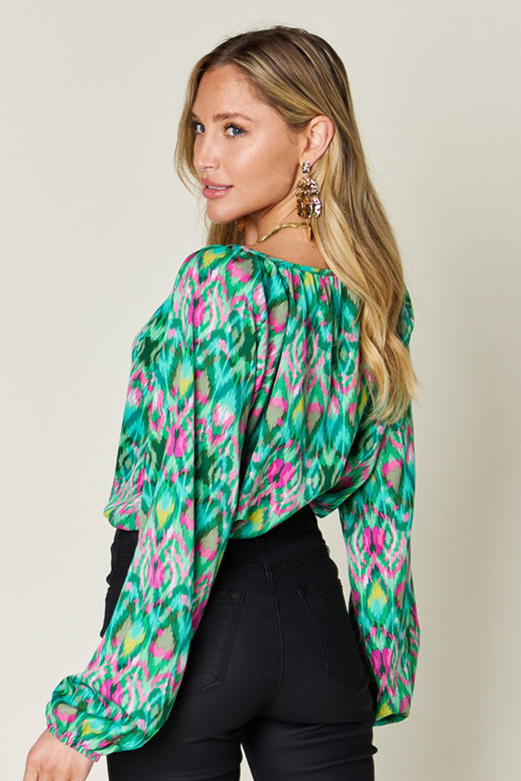 Double Take Full Size Printed Balloon Sleeve Blouse - MyEmpired