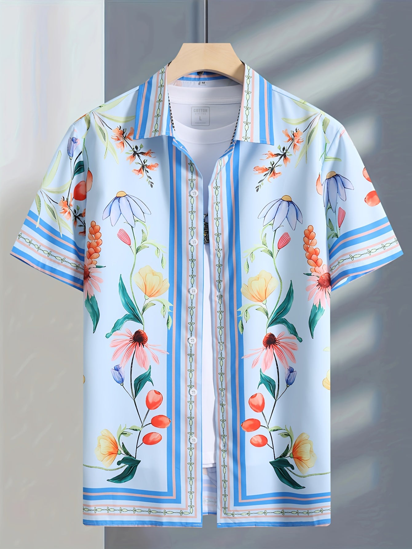 Men's Floral Graphic Pattern And Stripe Print Lapel Shirt With Button Down Placket And Short Sleeve, Fashionable And Chic Tops For Men, Suitable For Summer Leisurewear And Vacation