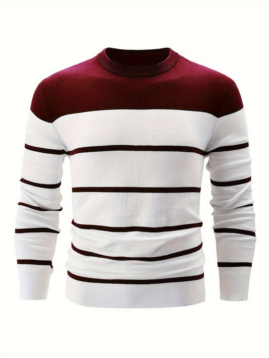 Men's Casual Striped Crew Neck Sweater - 100% Cotton Knit Fabric, Long Sleeve, Regular Fit Pullover with Medium Stretch