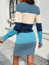 Color Block Crew Neck Dress, Elegant Long Sleeve Knitted Dress For Spring & Fall, Women&