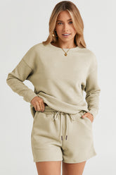 Double Take Full Size Texture Long Sleeve Top and Drawstring Shorts Set - MyEmpired
