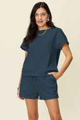 Double Take Full Size Texture Short Sleeve T-Shirt and Drawstring Shorts Set - MyEmpired