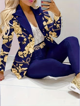 Floral Print Elegant Suit Set, Double Breasted Blazer & Slim Fit Pants Outfits, Women&