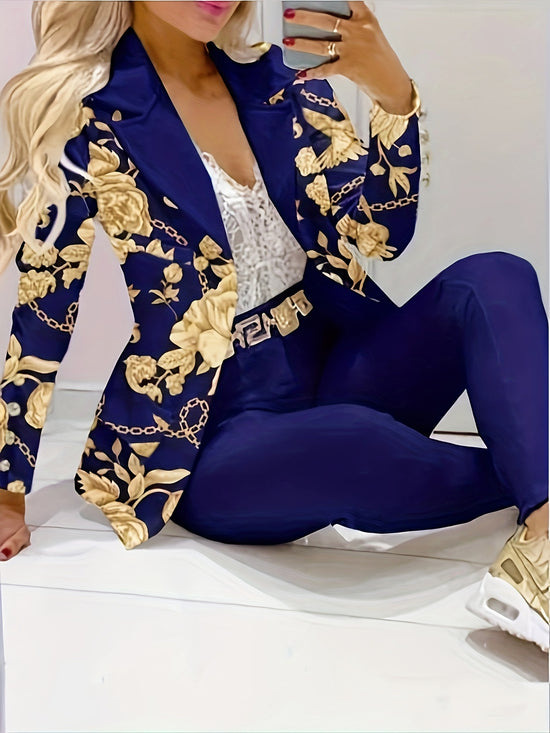 Floral Print Elegant Suit Set, Double Breasted Blazer & Slim Fit Pants Outfits, Women&