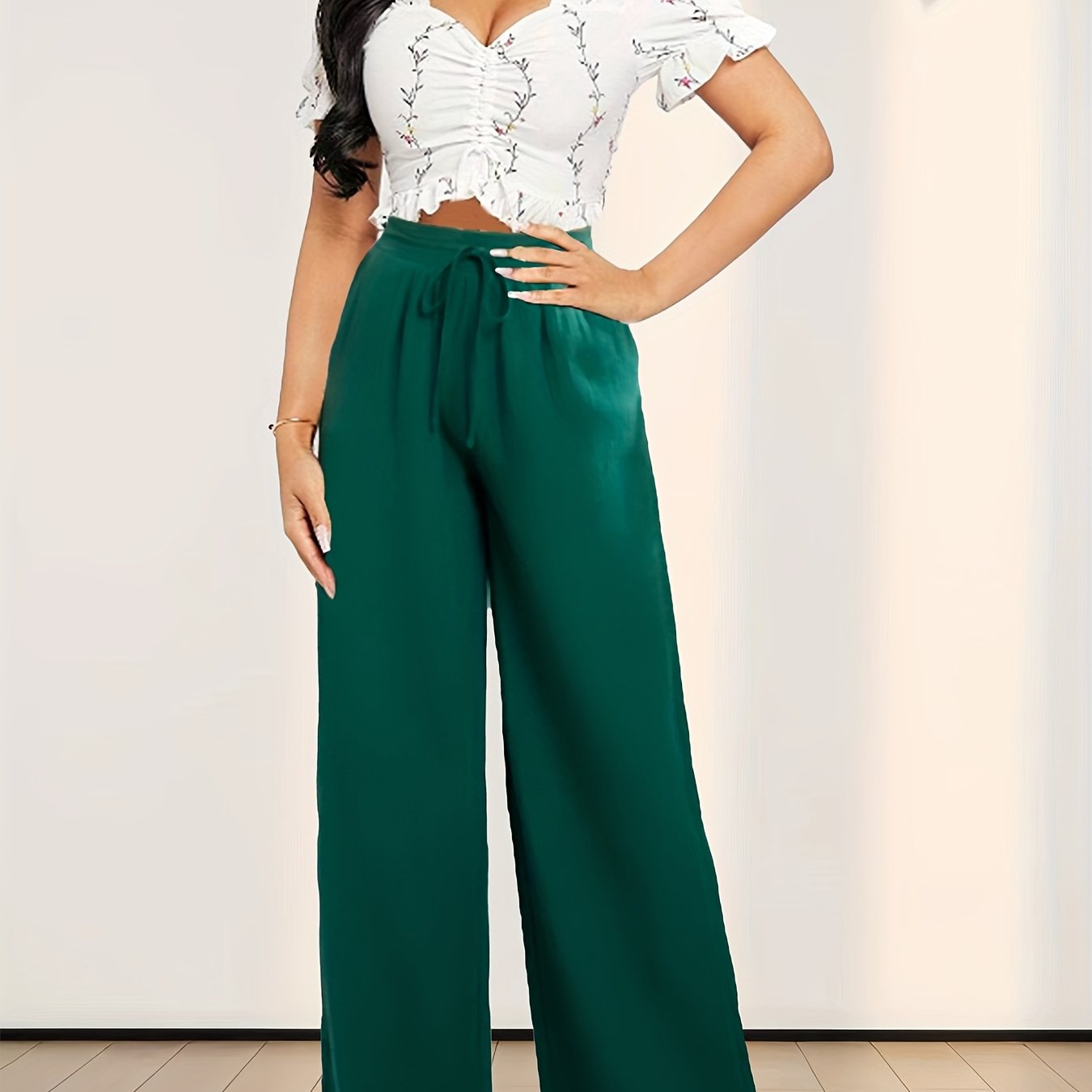 Solid Color Wide Leg Pants, Casual High Drawstring Waist Loose Pants For Spring & Summer, Women&