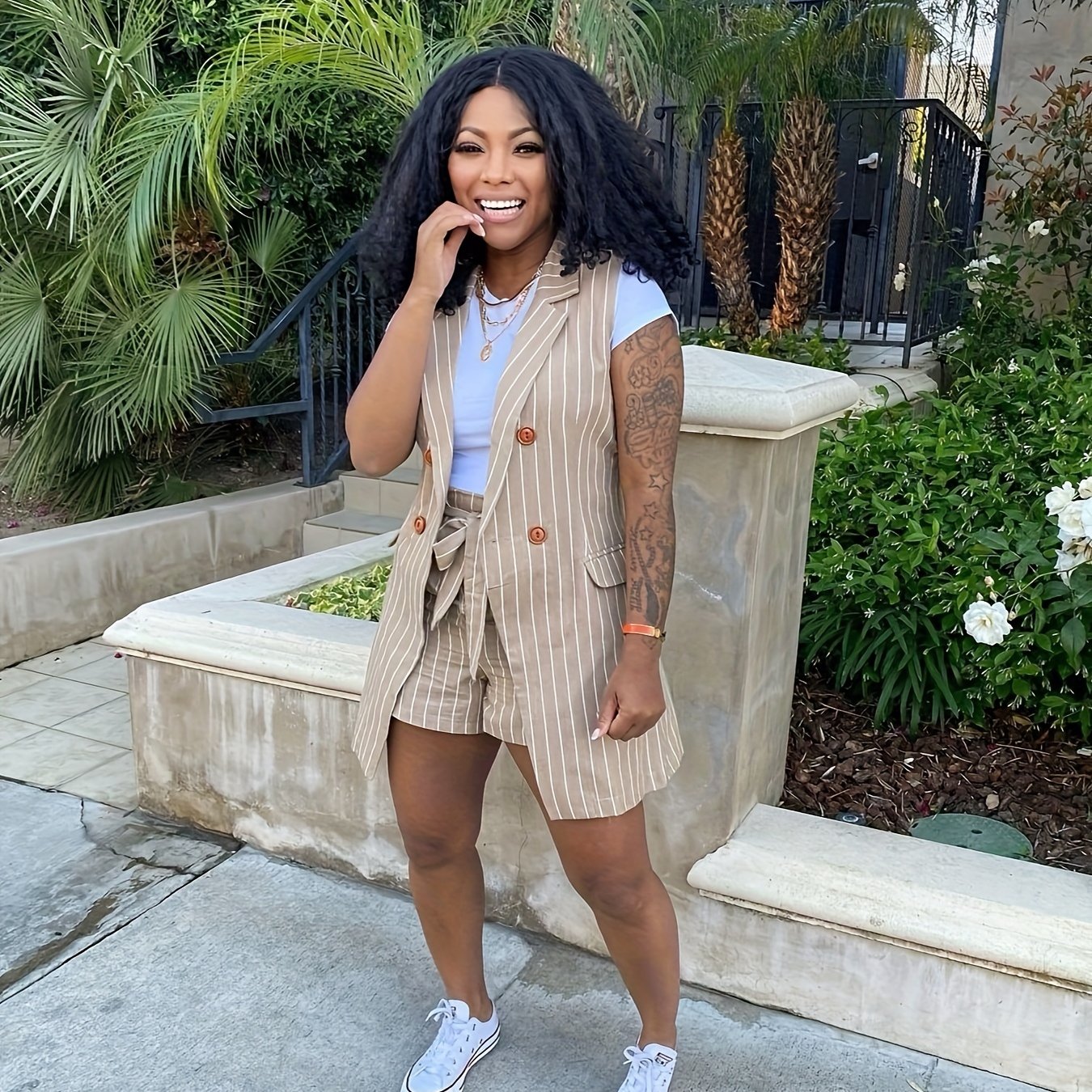 Elegant Striped Print Two Pieces, Double-Breasted Lapel Collar Sleeve Vest & Paper Bag Waist Belted Shorts Outfits, Women&