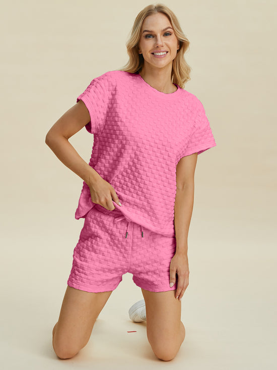 Double Take Full Size Texture T-Shirt and Shorts Set - MyEmpired