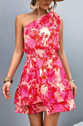 Tied Smocked Printed Single Shoulder Dress - MyEmpired
