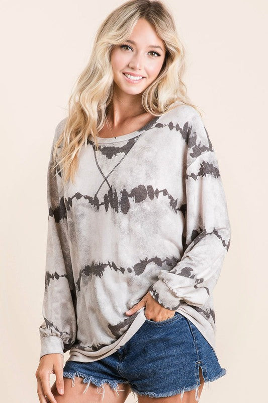 BiBi Tie-Dye French Terry Round Neck Long Sleeve T-Shirt - MyEmpired