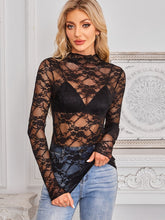 Mock Neck Long Sleeve Lace Sheer Top - MyEmpired