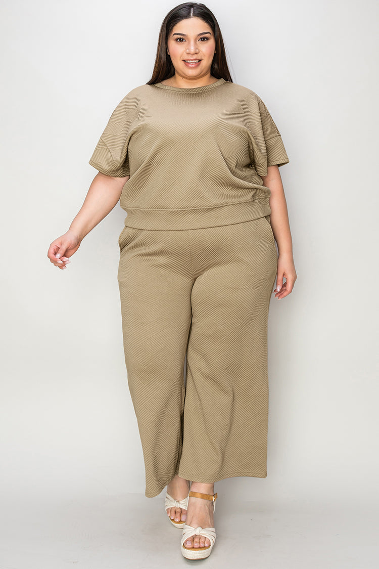 Double Take Full Size Texture Short Sleeve Top and Pants Set - MyEmpired