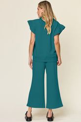 Double Take Texture Ruffle Short Sleeve Top and Drawstring Wide Leg Pants Set - MyEmpired