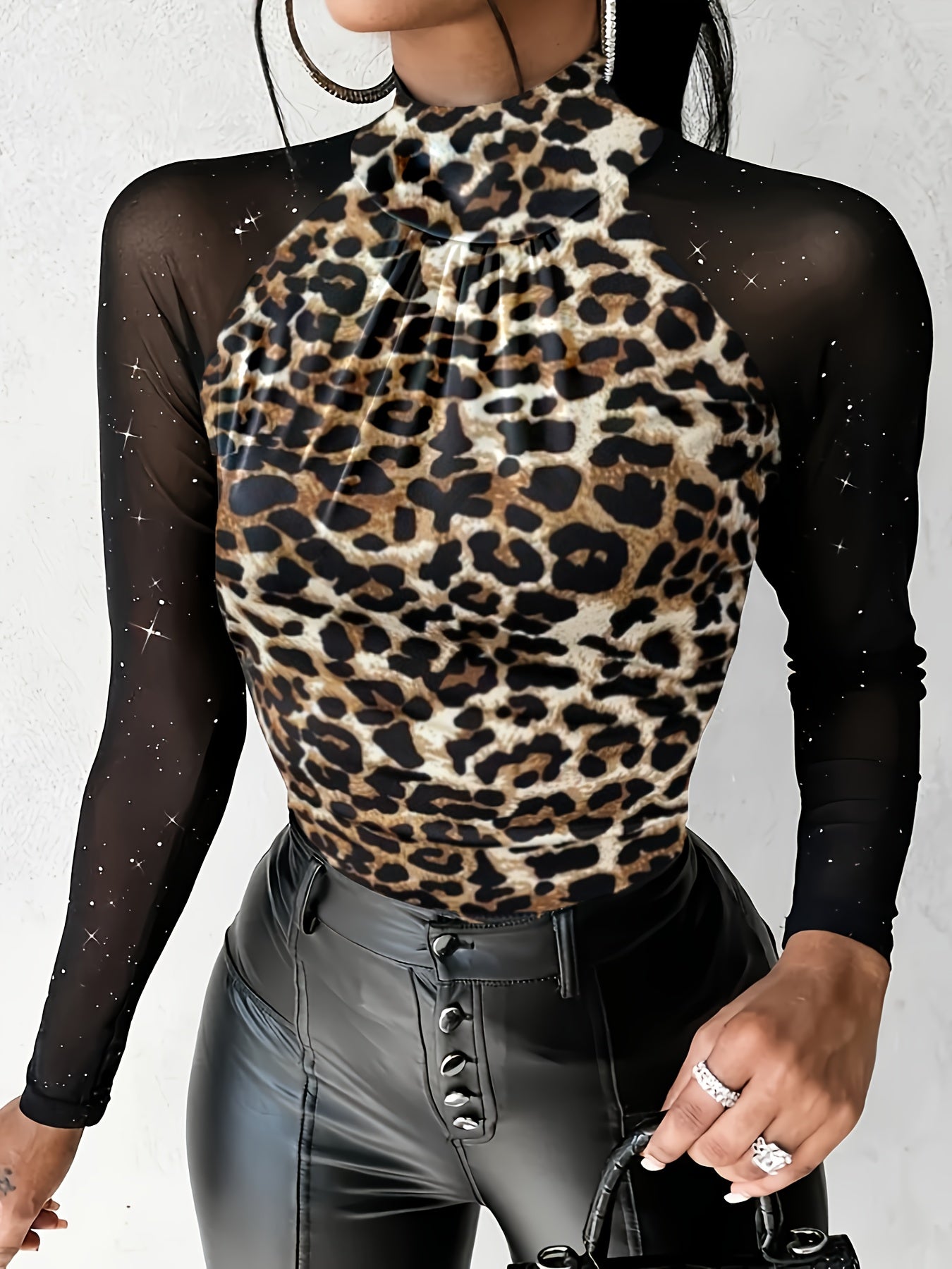 Elegant Starry Sky Sequin Embellished High Neck Sheer Mesh,Skinny Fit Long Sleeve Knit Polyester Top - All Season Elegant Collection