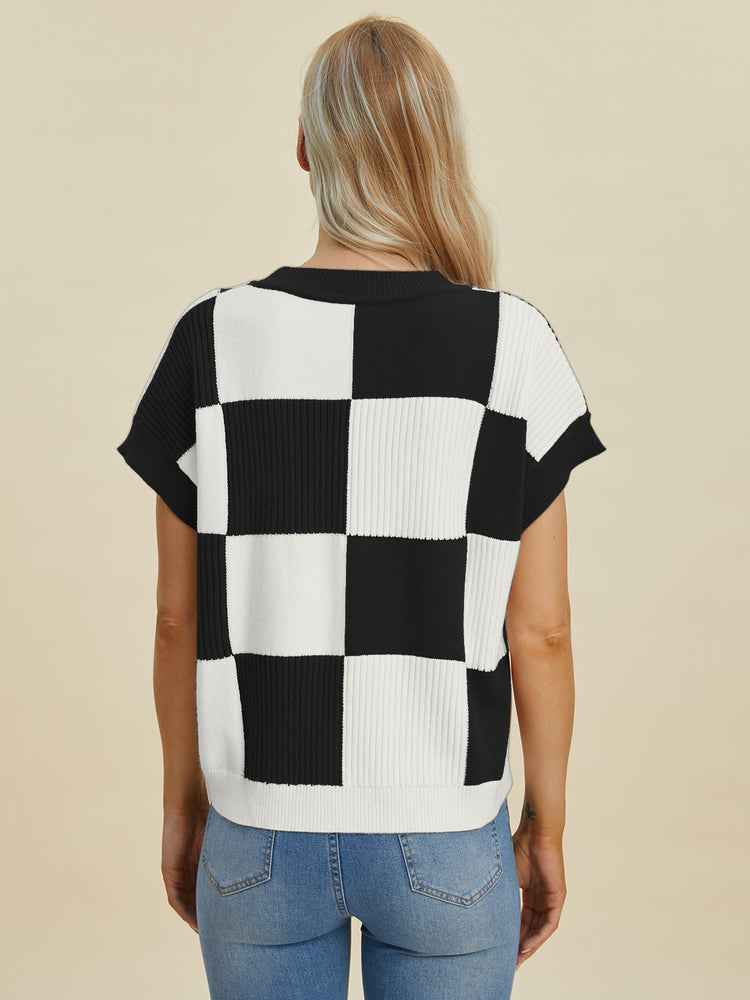 Double Take Full Size Checkered Round Neck Short Sleeve Sweater - MyEmpired