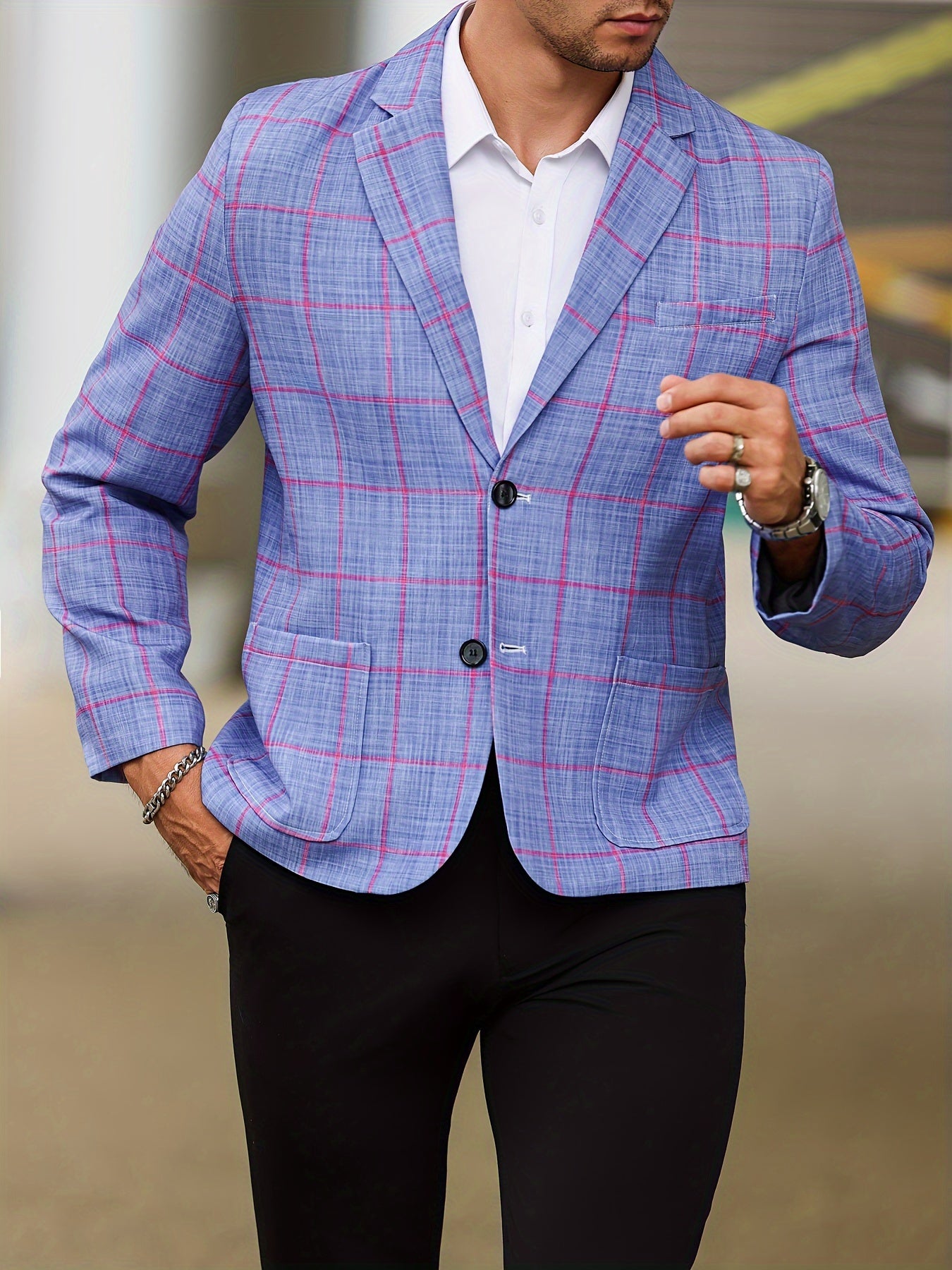 Men's Plaid Blazer, Notch Lapel Collar Two Button Suit Jacket, Male's Leisure Fashion For Business And Party Wear