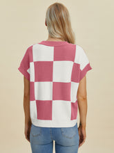 Double Take Full Size Checkered Round Neck Short Sleeve Sweater - MyEmpired