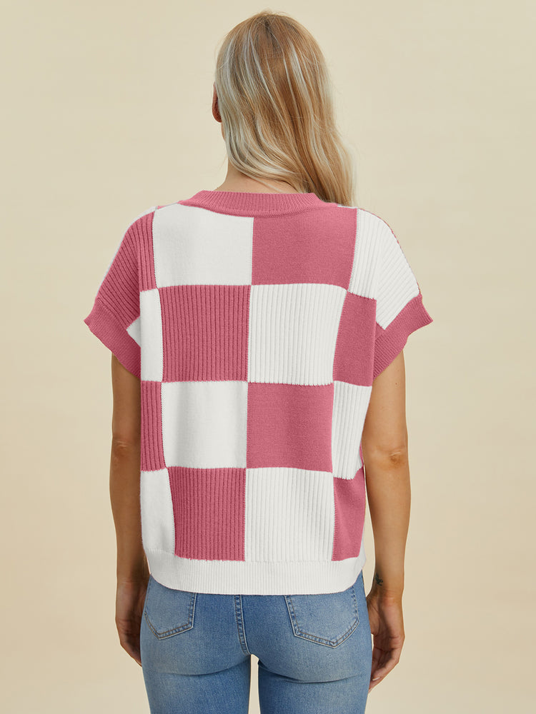 Double Take Full Size Checkered Round Neck Short Sleeve Sweater - MyEmpired