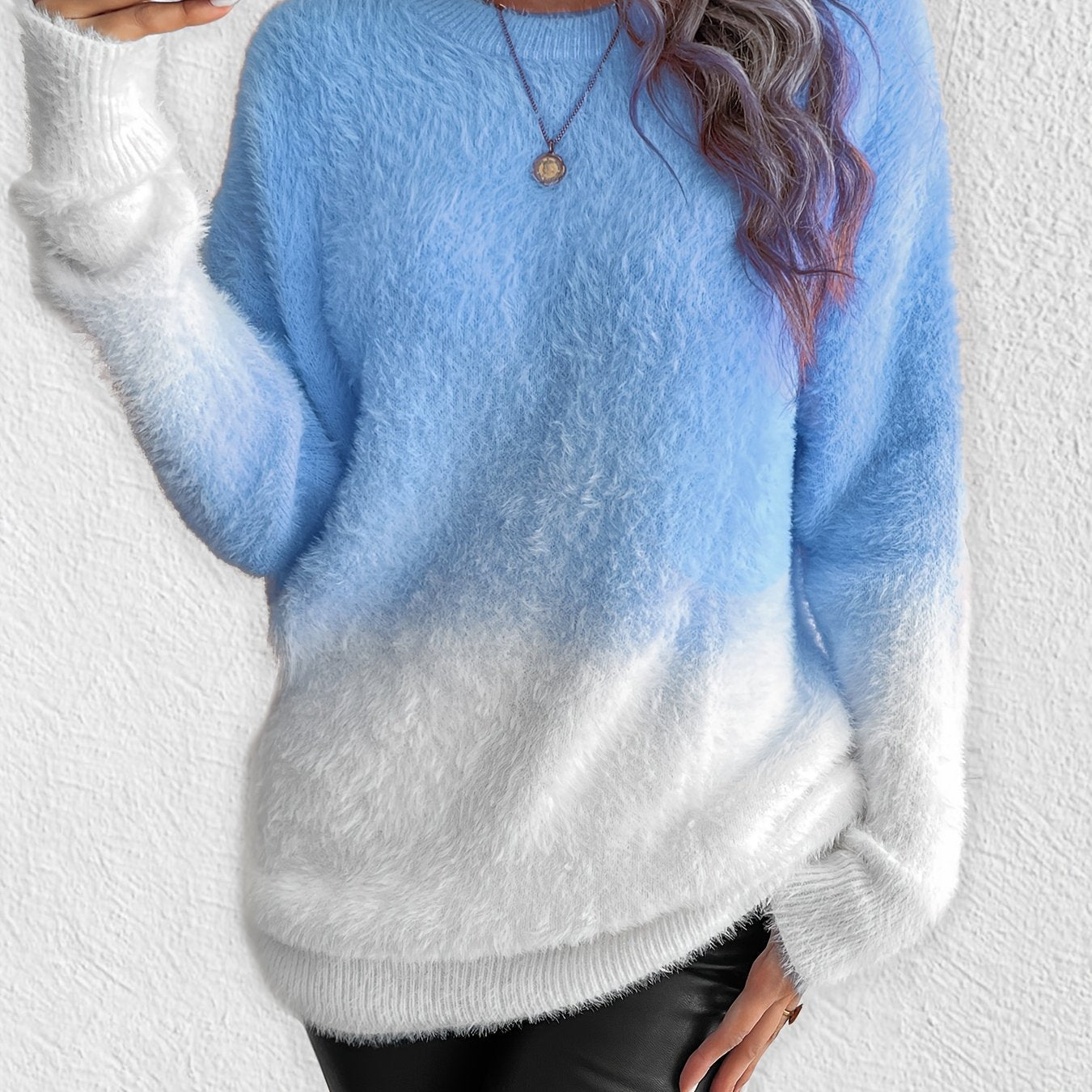 Gradient Color Crew Neck Fuzzy Sweater, Elegant Long Sleeve Sweater For Fall & Winter, Women's Clothing