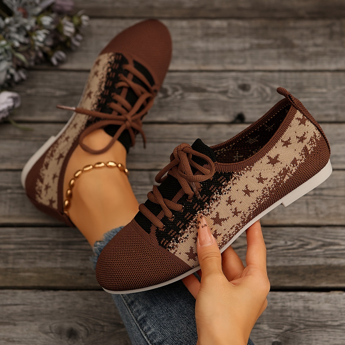 Women'S Casual Sports Flats with Star Pattern, Breathable Fabric Upper, Round Toe Lace-Up Sneakers, All-Season Rubber Sole Shoes from Taizhou