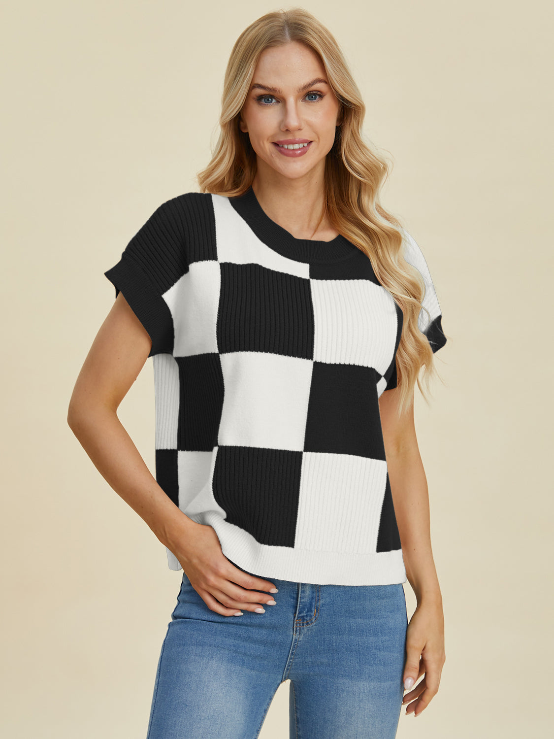 Double Take Full Size Checkered Round Neck Short Sleeve Sweater - MyEmpired
