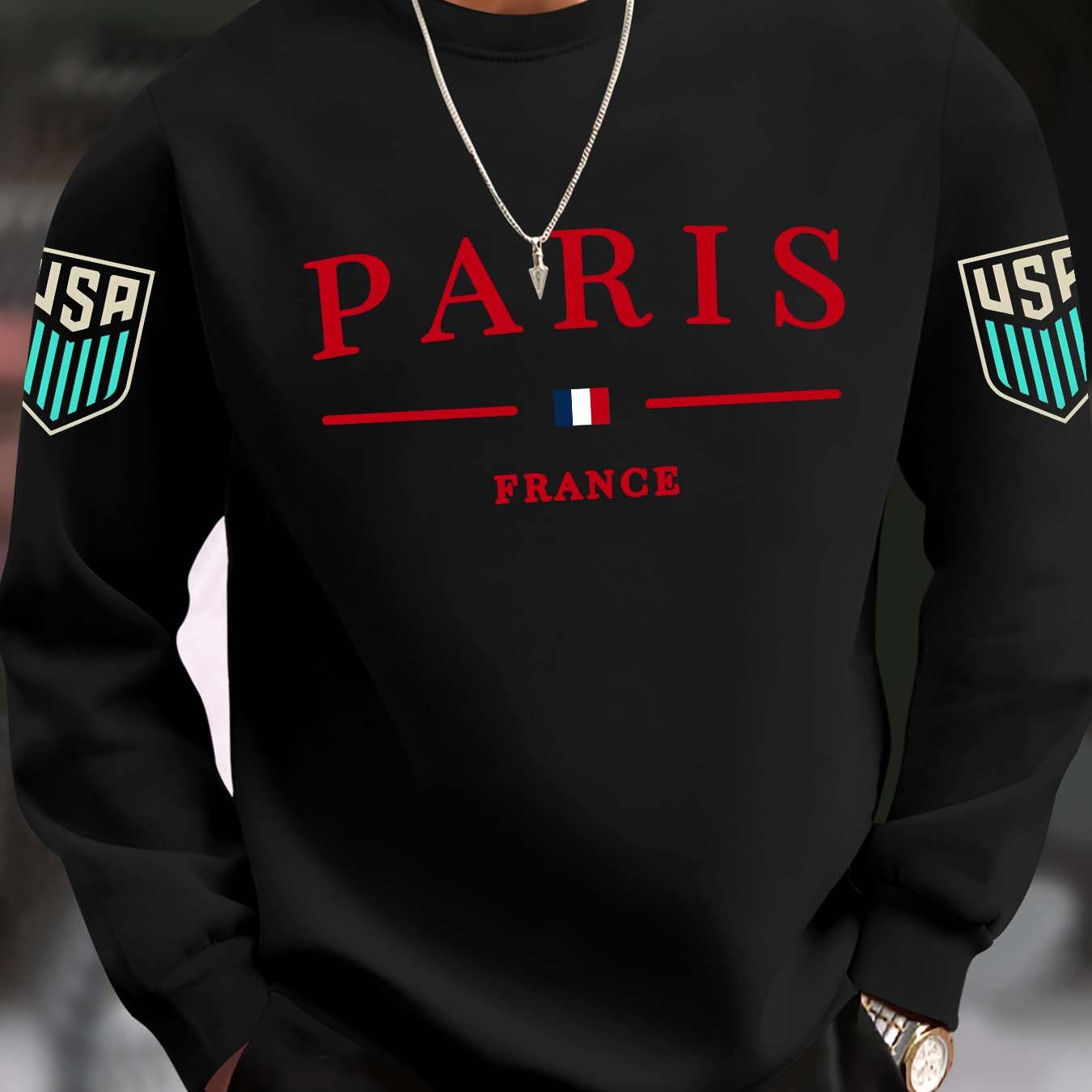 Paris Print Trendy Sweatshirt, Men's Casual Graphic Design Crew Neck Pullover Sweatshirt for Men Fall Winter