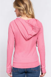 ACTIVE BASIC Waffle Knit Drawstring Zip Up Long Sleeve Hoodie - MyEmpired