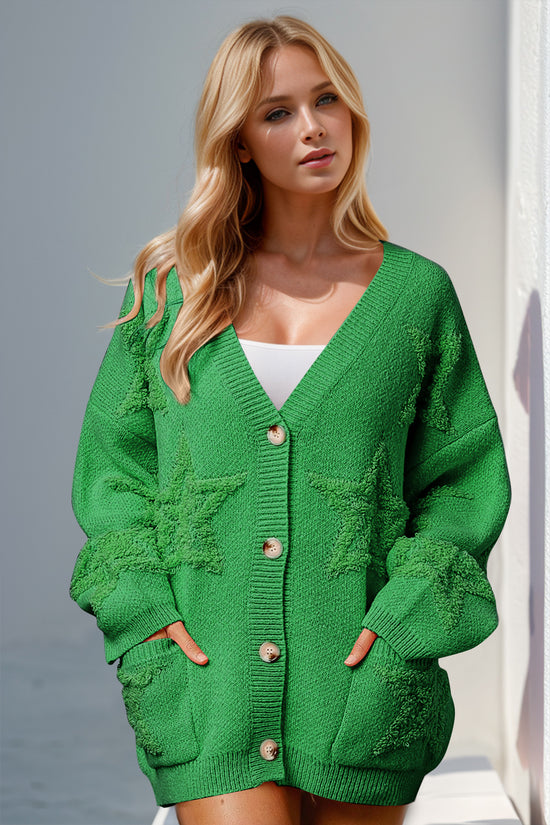 Double Take Full Size Button Up Star Pattern Cardigan - MyEmpired