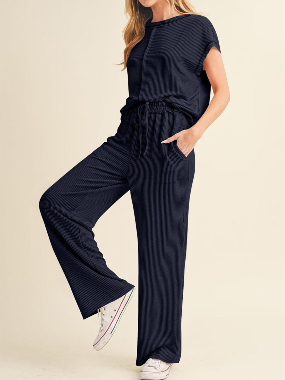 Ribbed Exposed Seam Top and Pants Set - MyEmpired