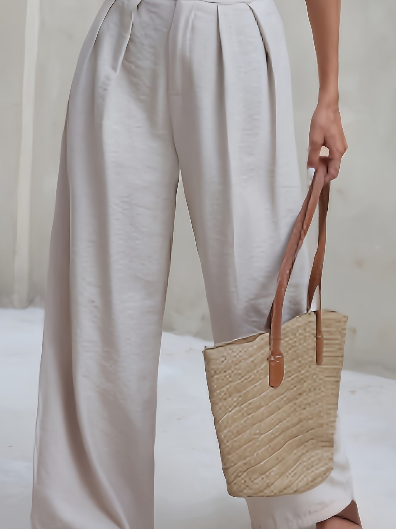 Solid Color Wide Leg Pants, Casual Pleated Loose Pants For Spring & Summer, Women's Clothing