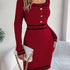 Elegant Striped Knit Bodycon Dress with Button Detail - Square Neck, Long Sleeve, Perfect for Fall & Winter - Women&