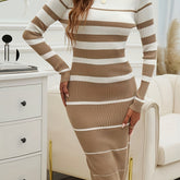 Elegant Striped Knit Sweater Dress - Long Sleeve, Crew Neck, Bodycon Fit for Women | Perfect for Fall/Winter - MyEmpired
