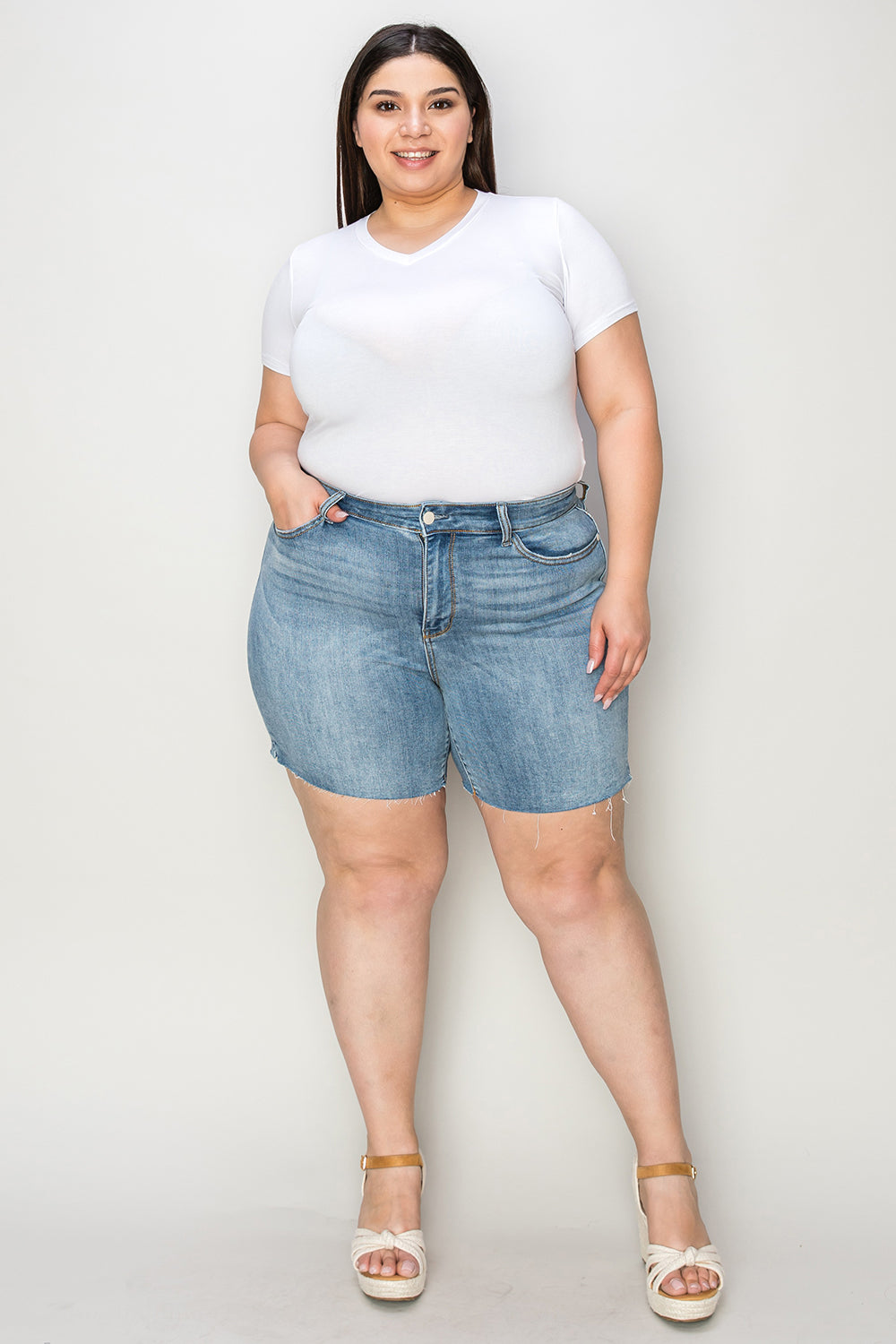 Judy Blue Full Size High Waist Raw Hem Denim Shorts - MyEmpired