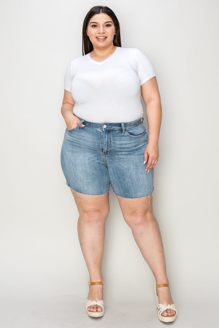 Judy Blue Full Size High Waist Raw Hem Denim Shorts - MyEmpired